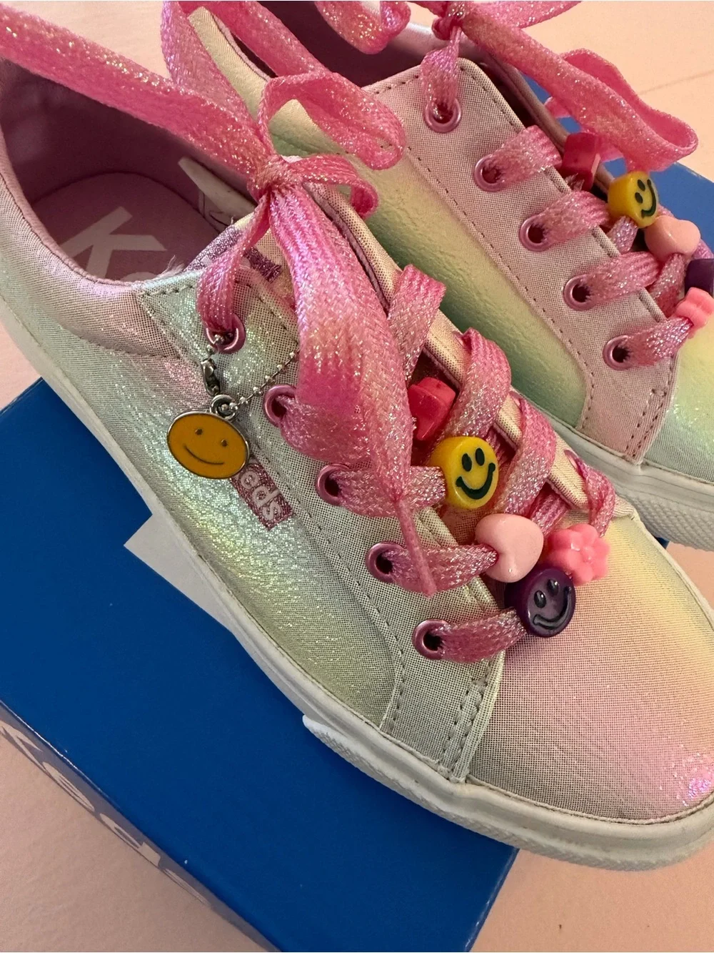 NWOT!! never worn!! Iridescent Pink and White Kids Sneakers with Fun beads